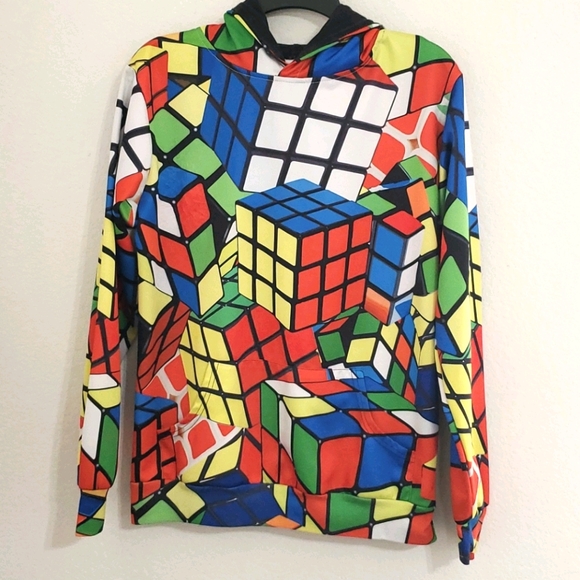 RUBIK'S CUBE long sleeve hoodie front pocket Large gamer 80s fidget toy - Picture 2 of 10
